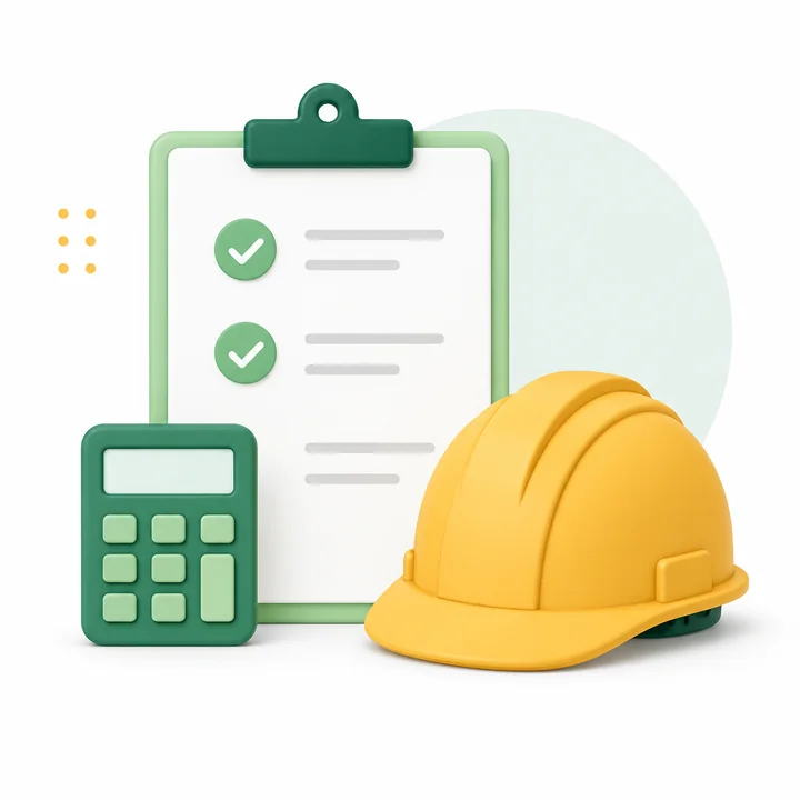 Checklist, calculator, and hard hat illustration representing contractors using Invoize