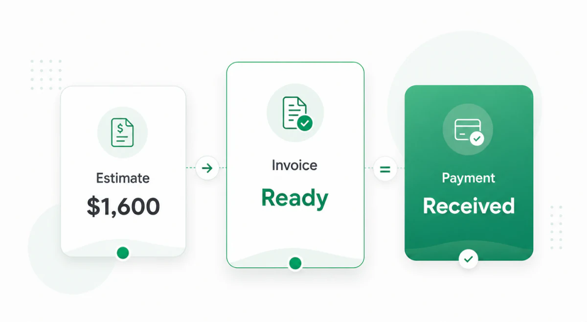 Invoize workflow showing an estimate converted to an invoice and payment received