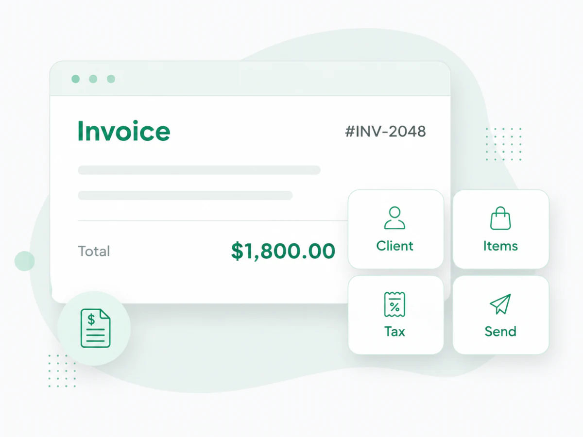 Invoize online invoice maker showing invoice INV-2048 with client, items, tax, and send controls