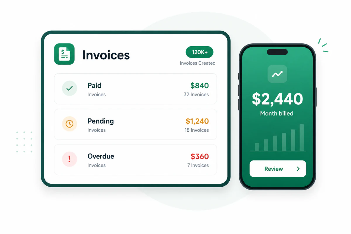 Invoize small business invoice dashboard showing paid, pending, and overdue billing totals