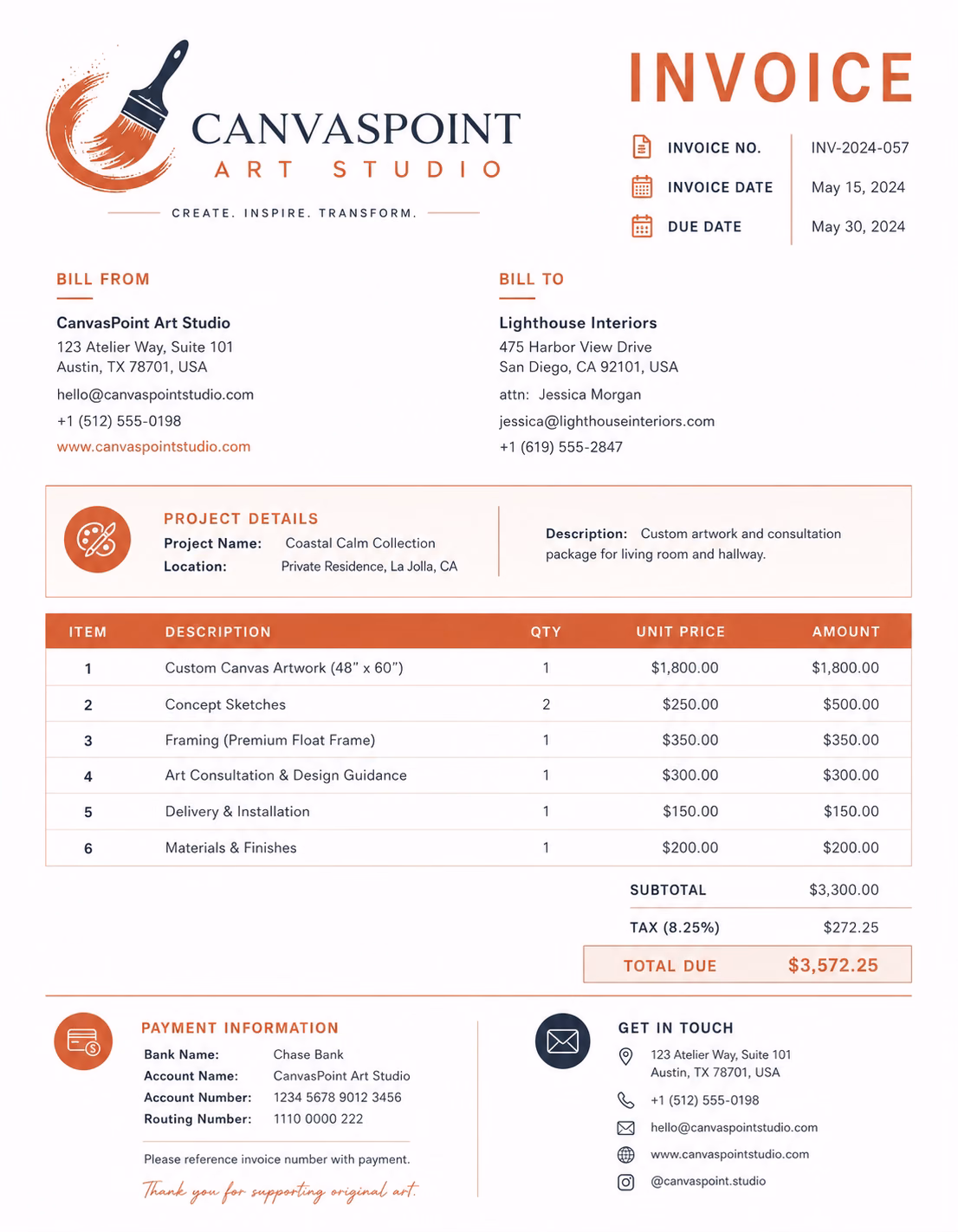 Free Art Invoice Template Art invoice template showing artwork sales, commissions, custom pieces, framing, materials, delivery, licensing, deposits, and payment details