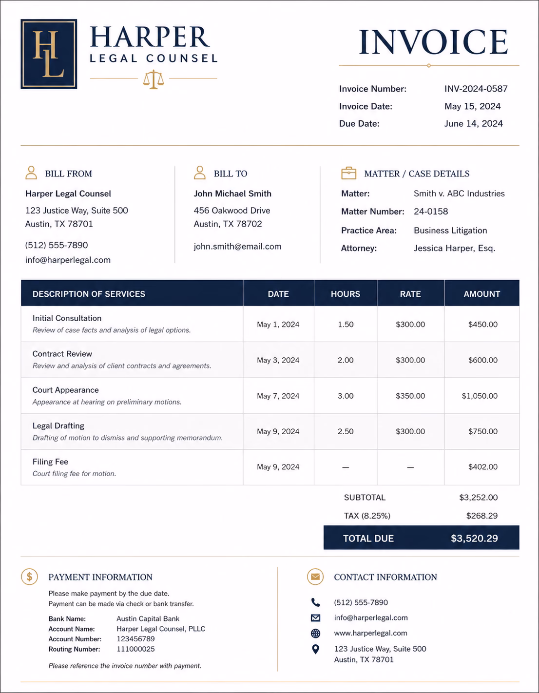 Free Attorney Invoice Templates Attorney invoice template showing legal services, consultation fees, case details, and payment information