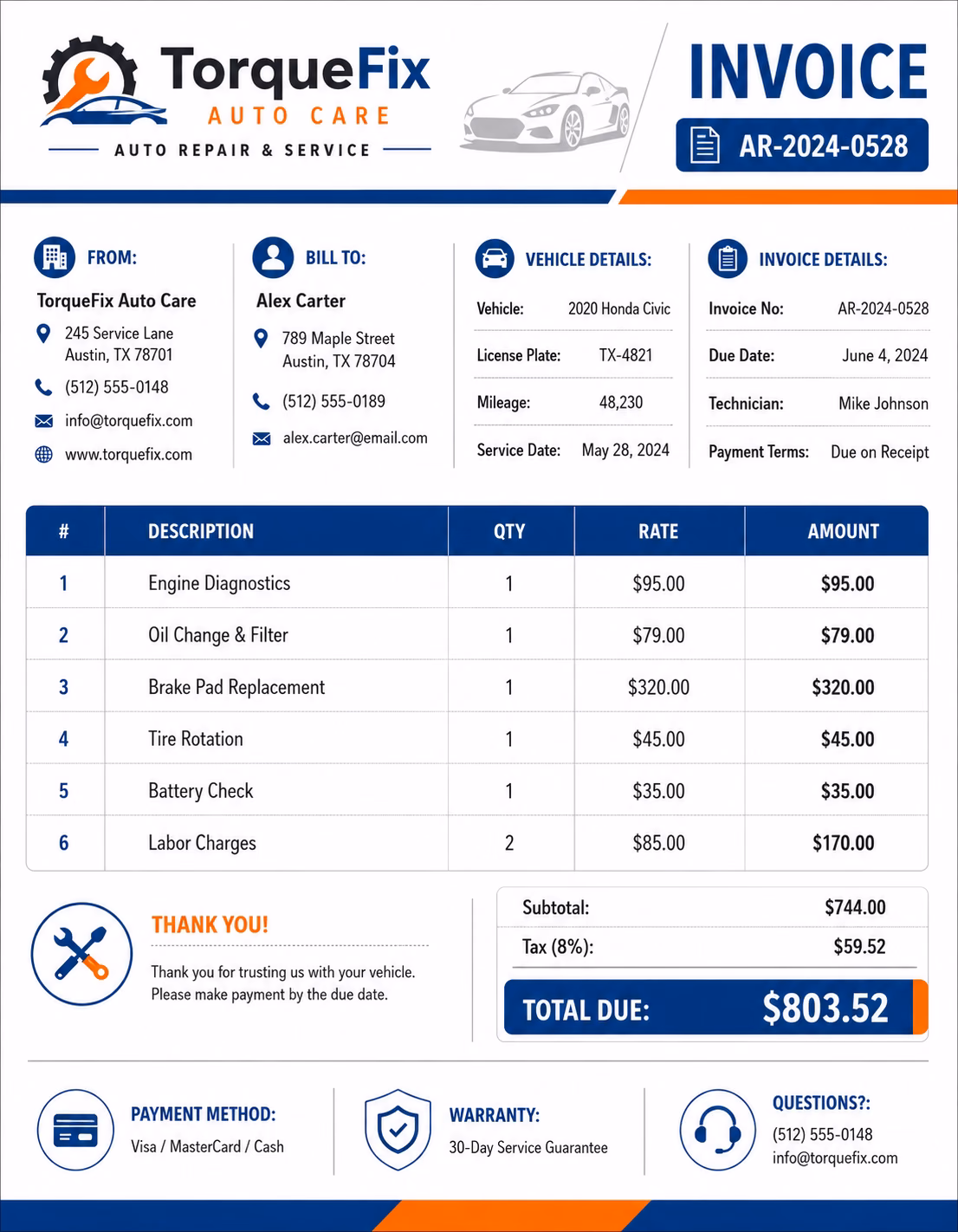 Free Auto Repair & Mechanic Invoice Template Auto repair and mechanic invoice template showing labor charges, parts, vehicle details, and payment information