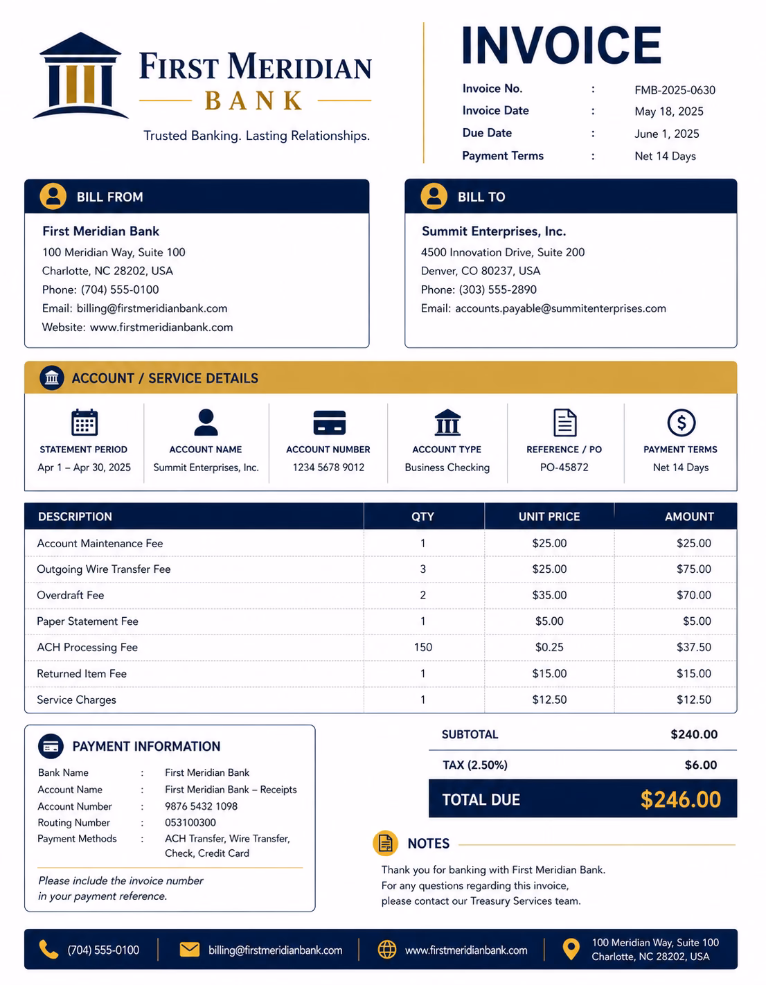 Free Bank Invoice Template Bank invoice template showing banking services, transaction details, service charges, and payment information