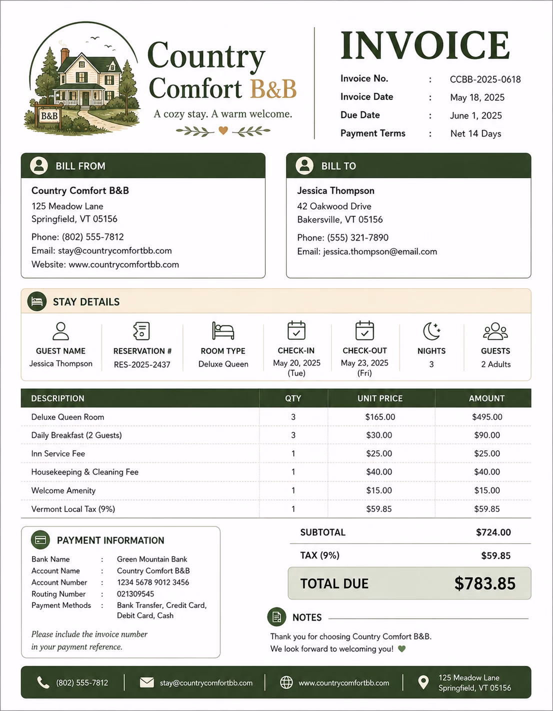Free Bed and Breakfast Invoice Template Bed and breakfast invoice template showing accommodation services, stay details, room charges, and payment information