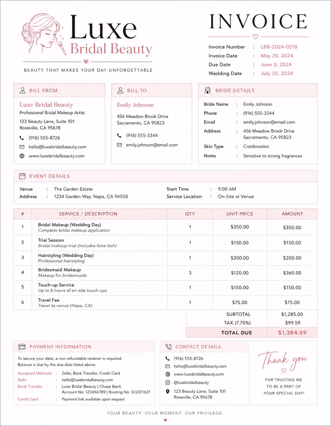 Free Bridal Makeup Invoice Template Bridal makeup invoice template showing makeup services, wedding details, service charges, and payment information