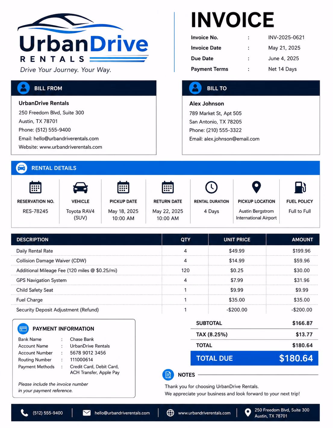 Free Car Rental Invoice Template Car rental invoice template showing vehicle rental details, rental charges, service fees, and payment information