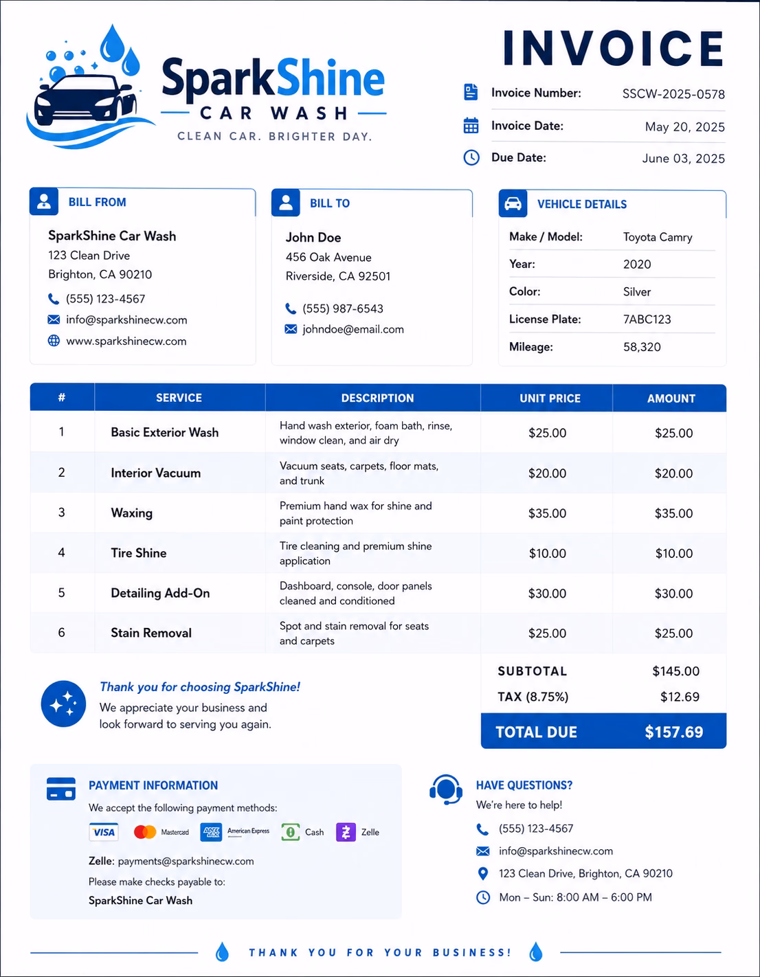 Free Car Wash Invoice Template Car wash invoice template showing vehicle cleaning services, service details, wash packages, and payment information