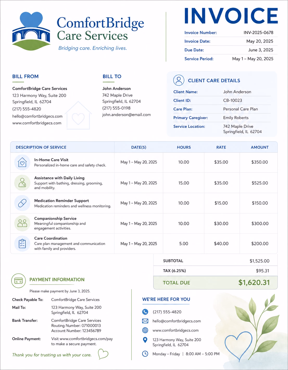 Free Care Invoice Template Care invoice template showing care services, service hours, support charges, and payment information
