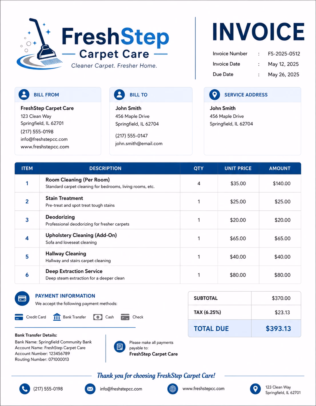 Free Carpet Cleaning Invoice Template Carpet cleaning invoice template showing cleaning services, service details, labor charges, and payment information