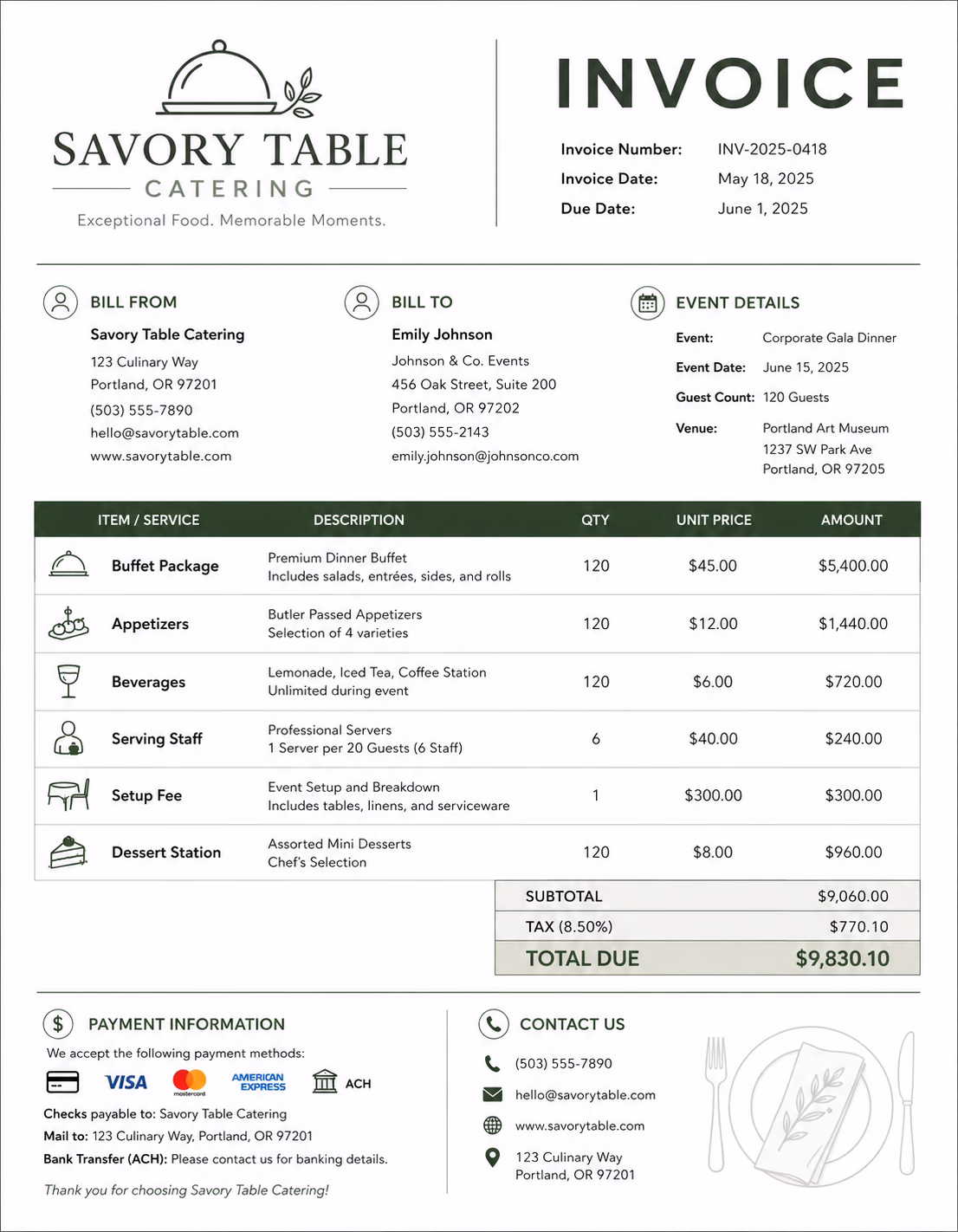 Free Catering Invoice Template Catering invoice template showing catering services, event details, food charges, and payment information