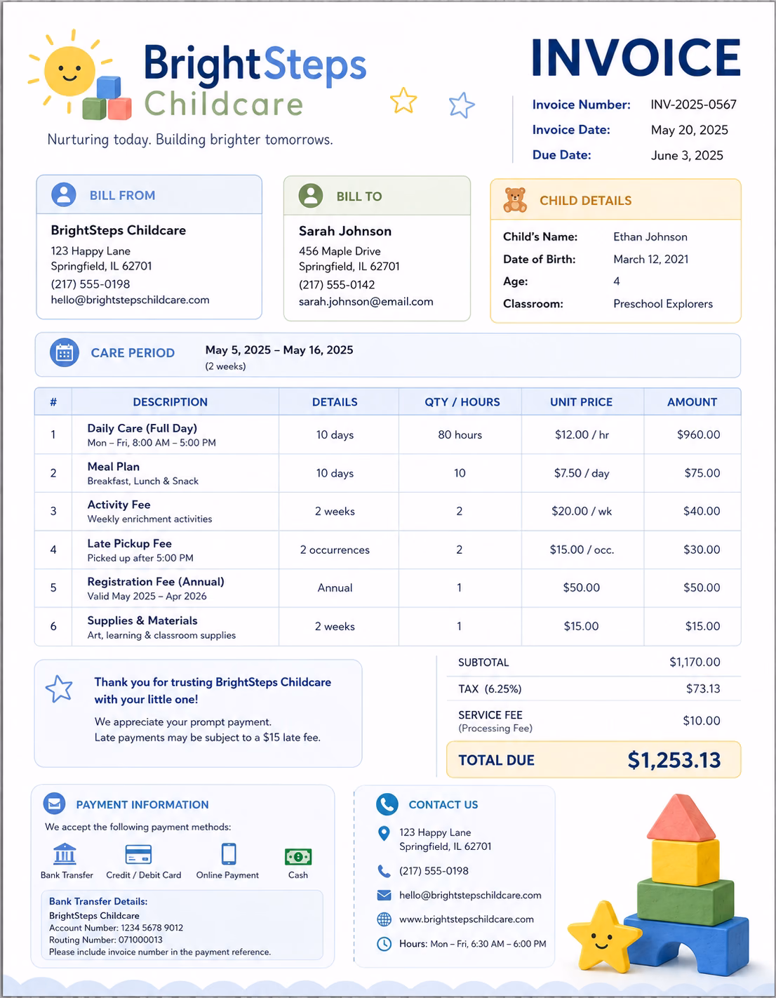 Free Childcare Invoice Template Childcare invoice template showing childcare services, care hours, service charges, and payment information
