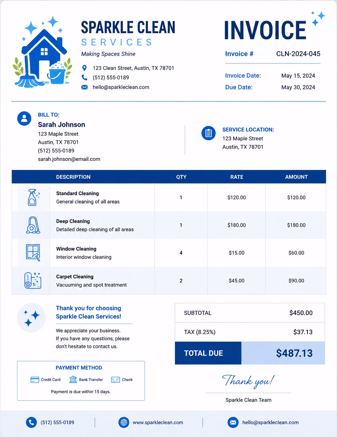 Free Cleaning Invoice Template Cleaning invoice template showing cleaning services, service details, labor charges, and payment information