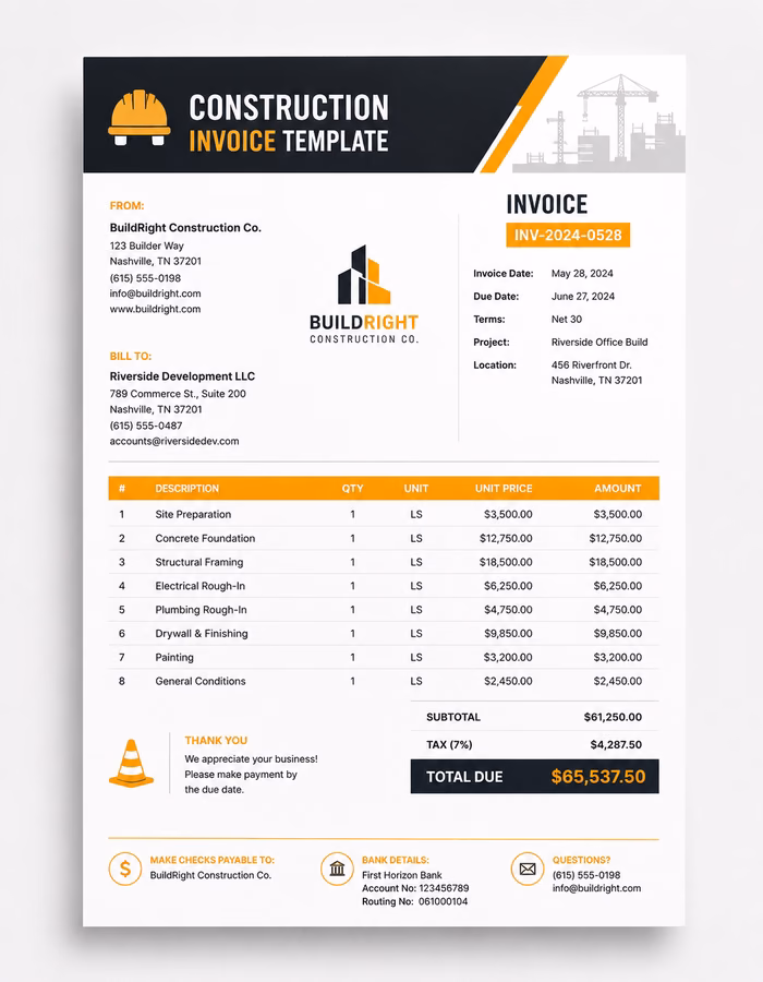 Free Construction Invoice Template Construction invoice template showing contractor labor, materials, equipment, permit fees, and payment details