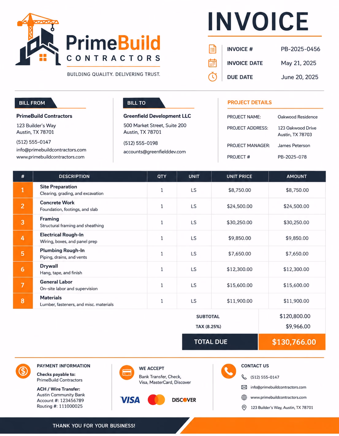 Free Contractor Invoice Template Contractor invoice template showing labor, materials, subcontractor costs, job expenses, deposits, and payment details