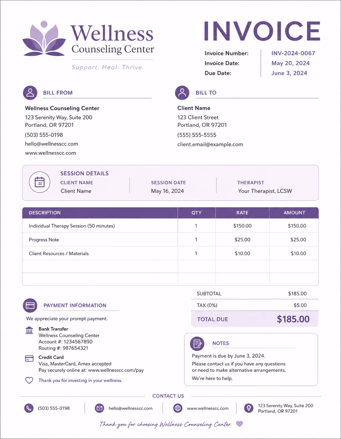 Free Counseling Invoice Template Counseling invoice template showing counseling services, session details, consultation fees, and payment information