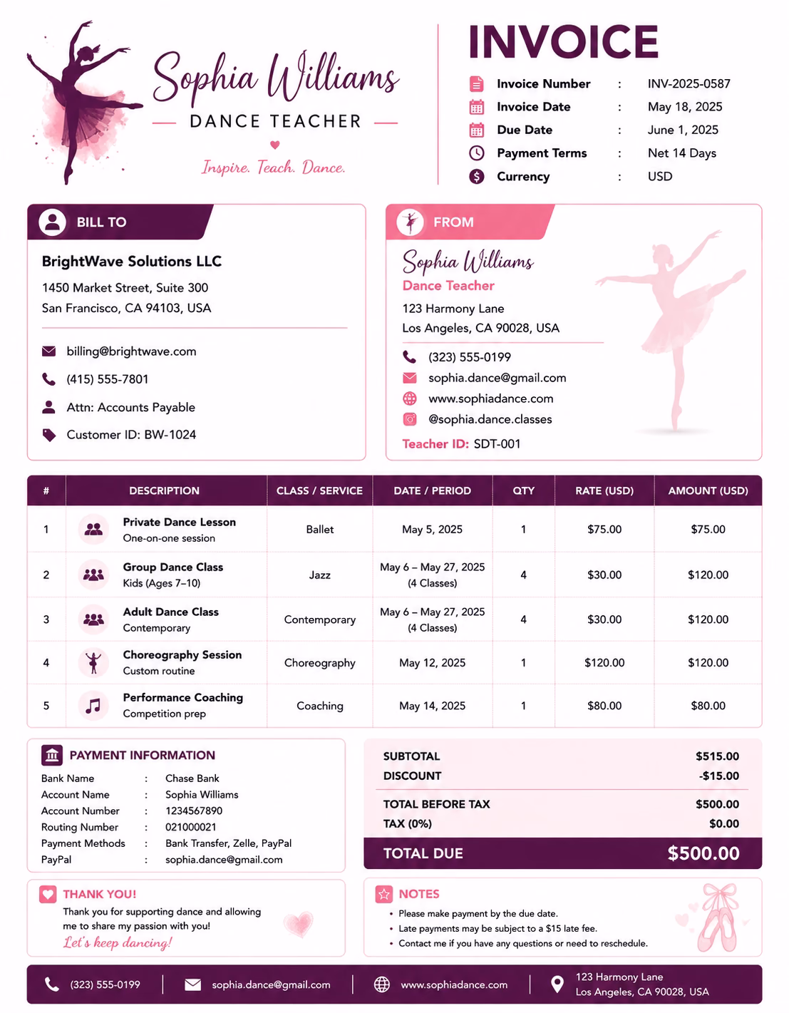 Free Dance Teacher Invoice Template Dance Teacher Invoice Template