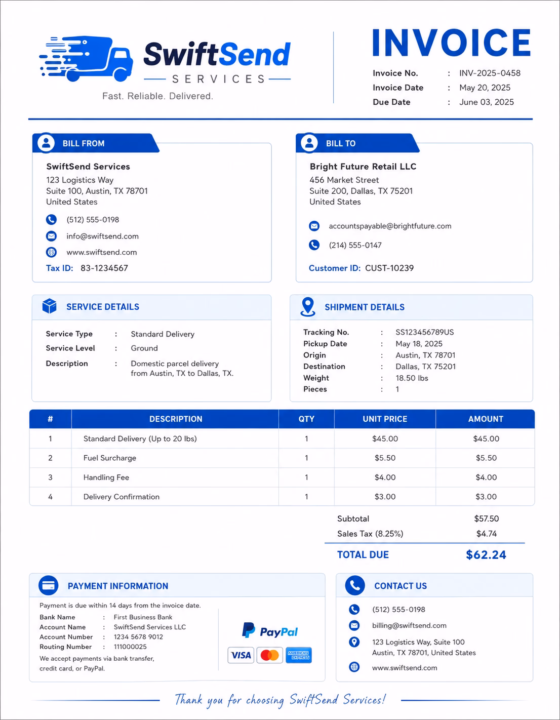 Free Delivery Service Invoice Template Delivery service invoice template showing delivery services, shipment details, transportation charges, and payment information