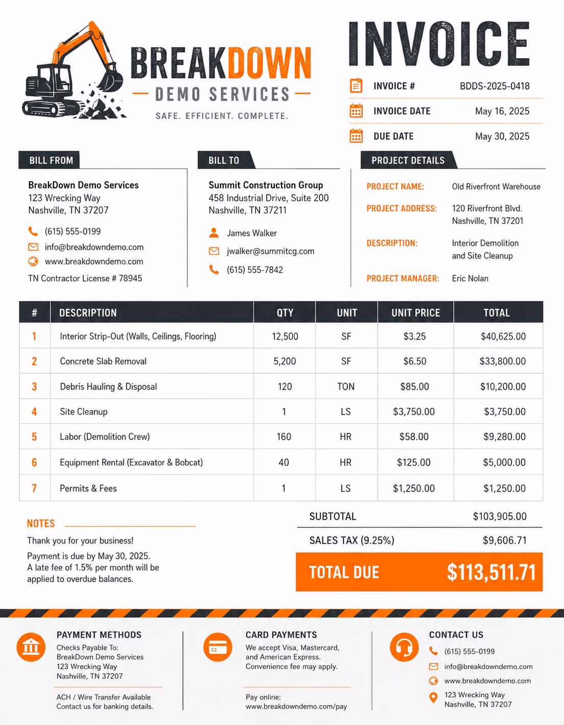 Free Demolition Invoice Template Demolition invoice template showing labor, equipment, debris hauling, disposal fees, permits, taxes, and payment details