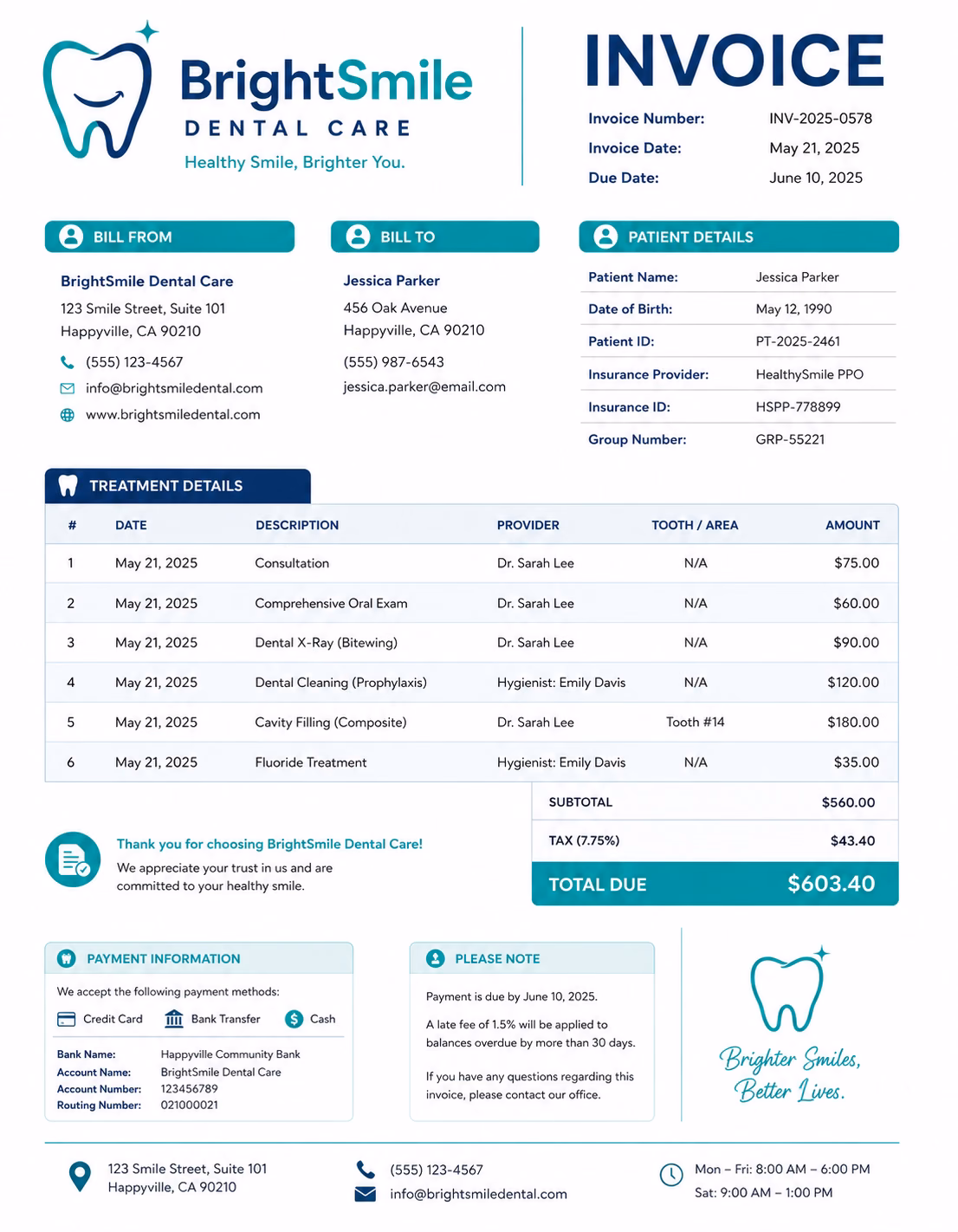 Free Dental Invoice Template Dental invoice template showing dental treatment services, procedure details, treatment charges, and payment information