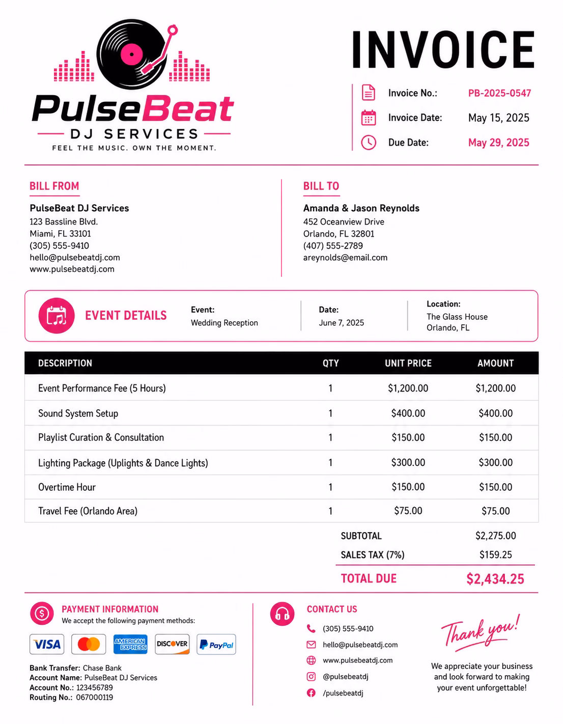 Free DJ Invoice Template DJ invoice template showing DJ bookings, event music, sound equipment, lighting, setup time, travel, overtime, deposits, and payment details