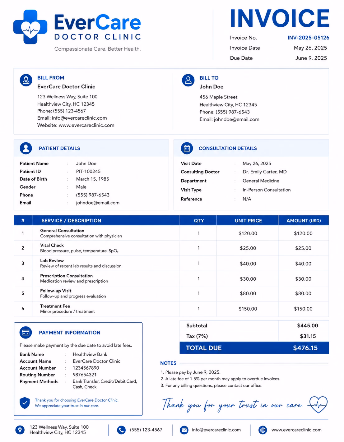 Free Doctor Invoice Template Doctor invoice template showing medical consultation services, treatment details, healthcare charges, and payment information