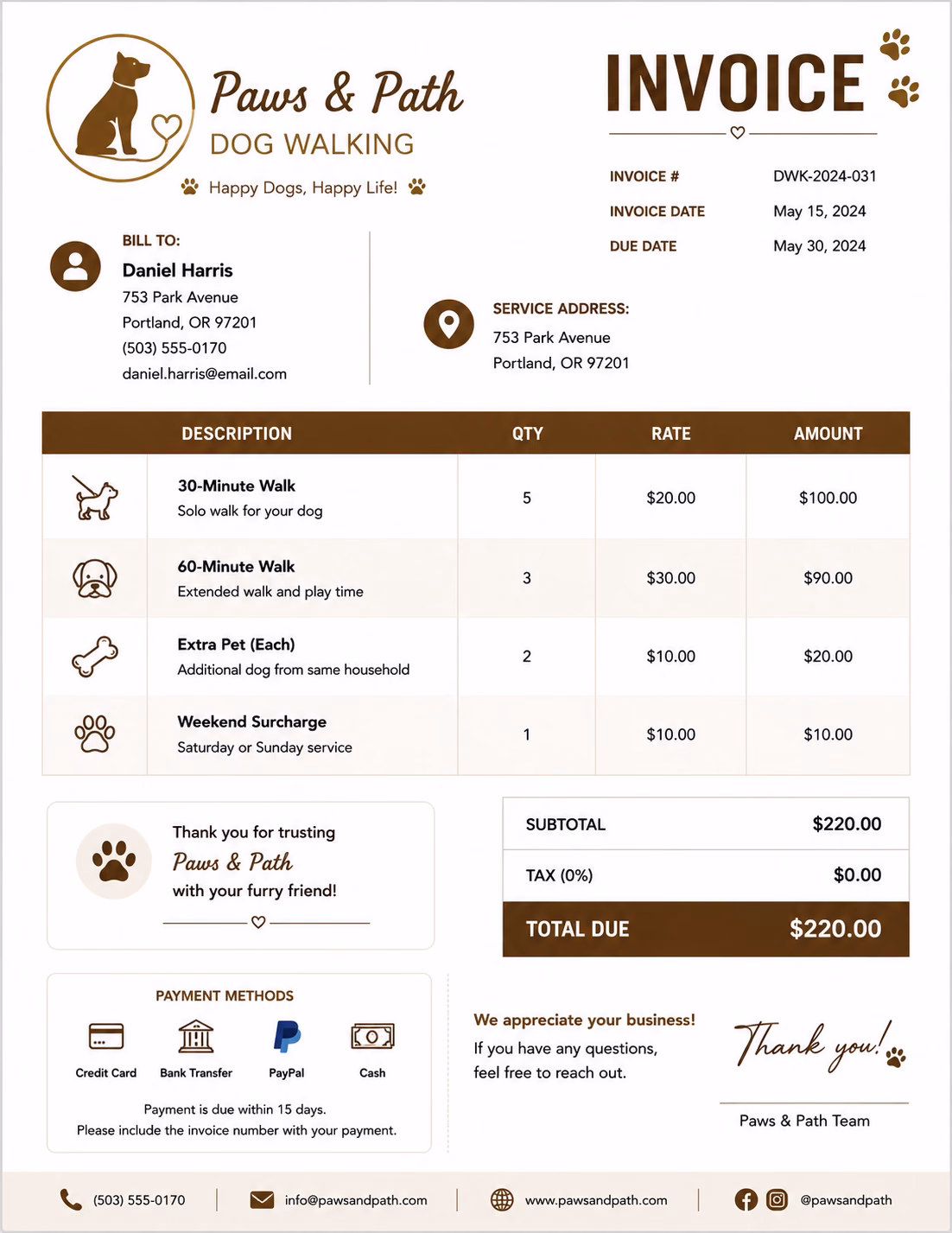 Free Dog Walking Invoice Template Dog walking invoice template showing pet walking services, service hours, visit details, and payment information