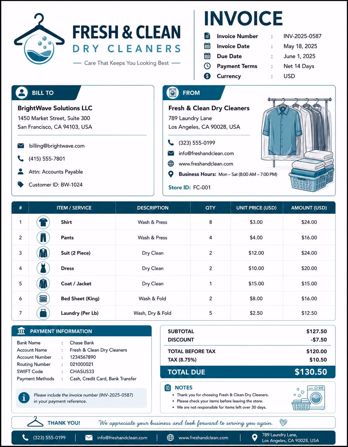Free Dry Cleaning Invoice Template Dry Cleaning Invoice Template