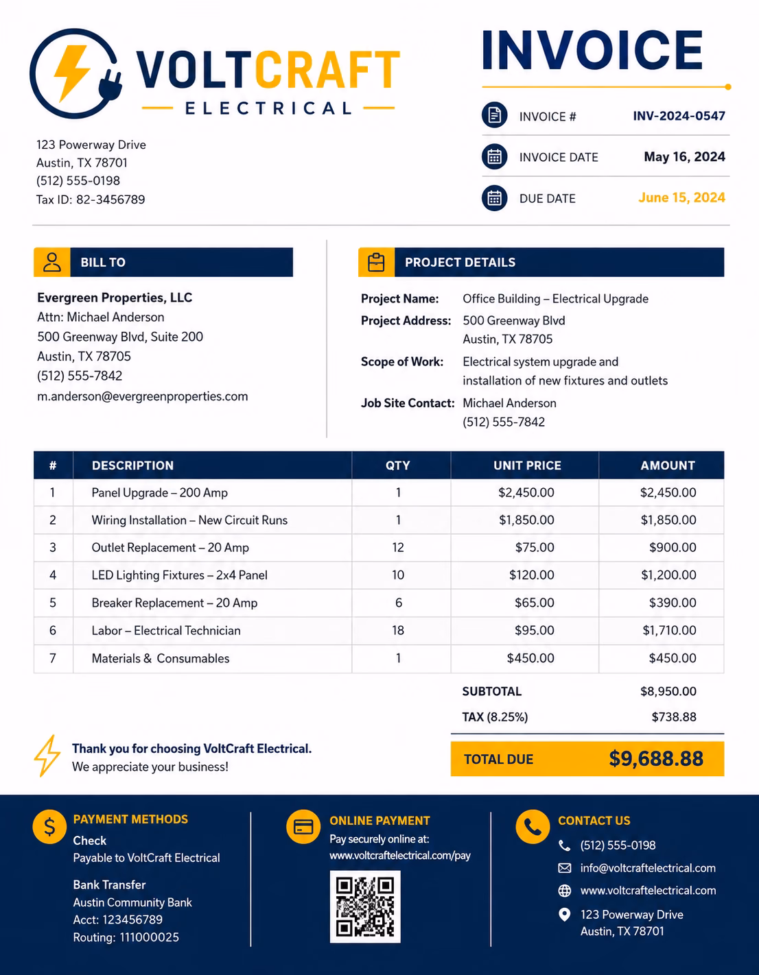 Free Electrical Invoice Template Electrical invoice template showing electrician labor, parts, wiring repairs, installations, inspections, taxes, and payment details