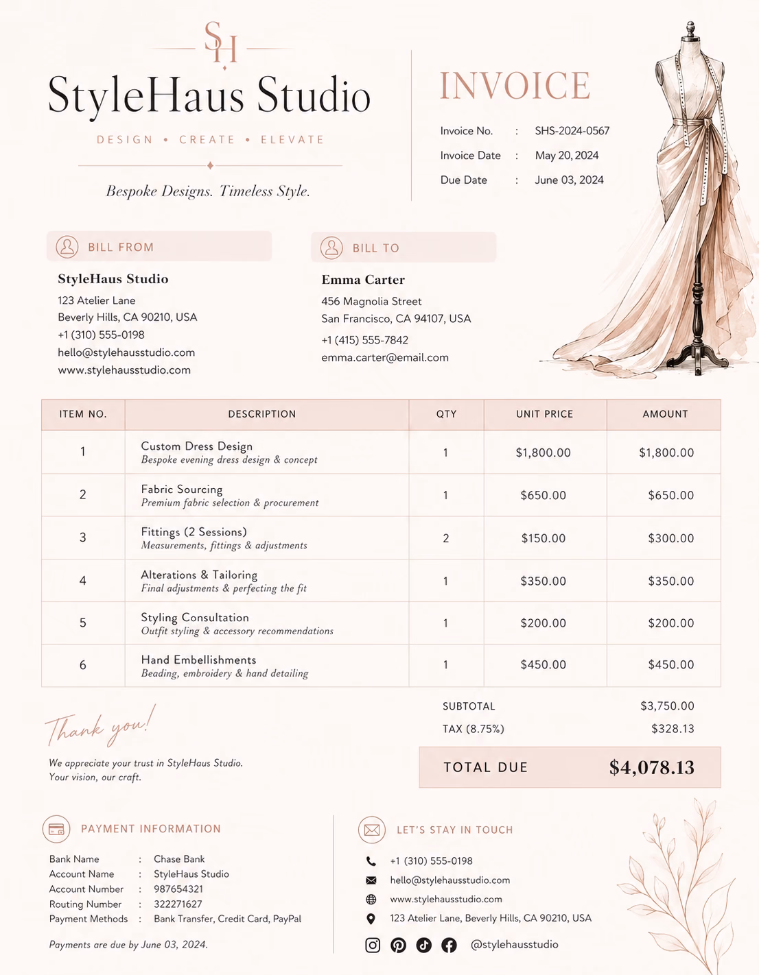 Free Fashion Invoice Template Fashion invoice template showing clothing design, styling, alterations, fabric costs, garment production, deposits, and payment details