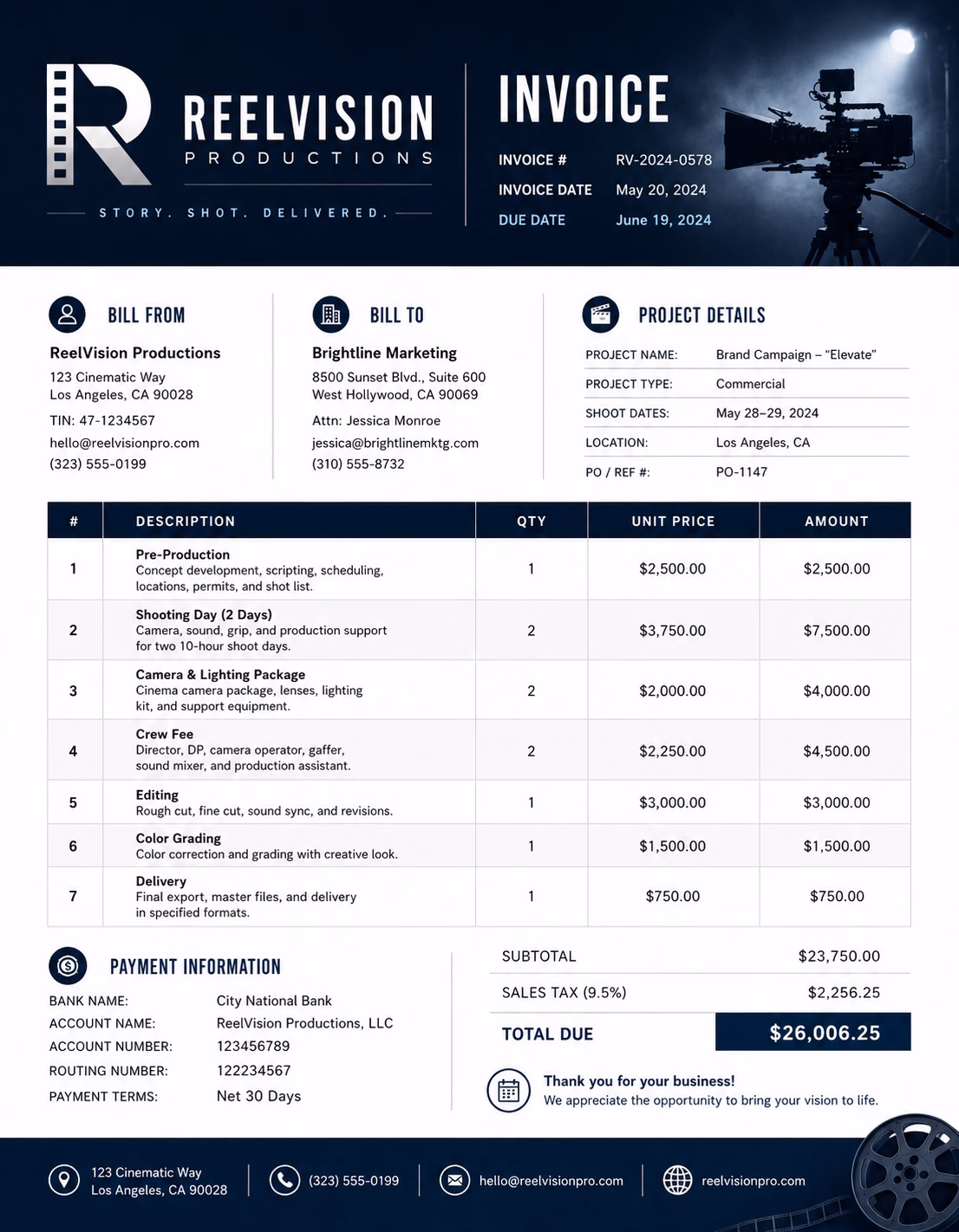 Free Film Production Invoice Template Film production invoice template showing filming, crew fees, equipment rental, locations, editing, post-production, deposits, and payment details