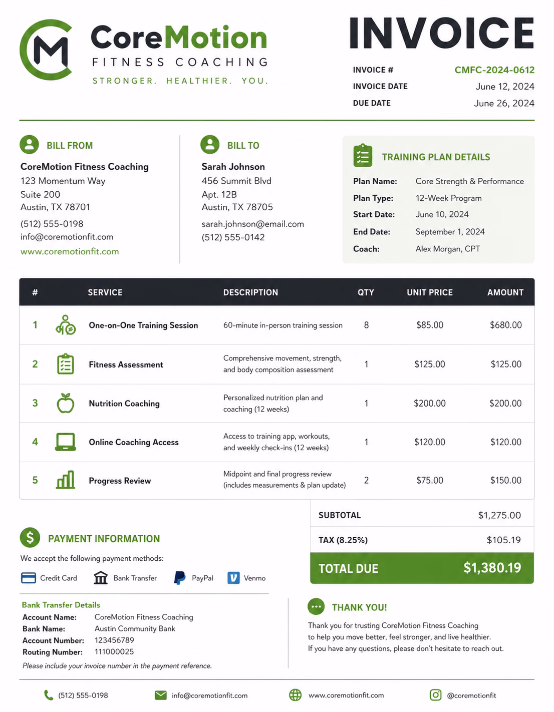 Free Fitness Instructor Invoice Template Fitness instructor invoice template showing personal training services, session details, coaching fees, and payment information