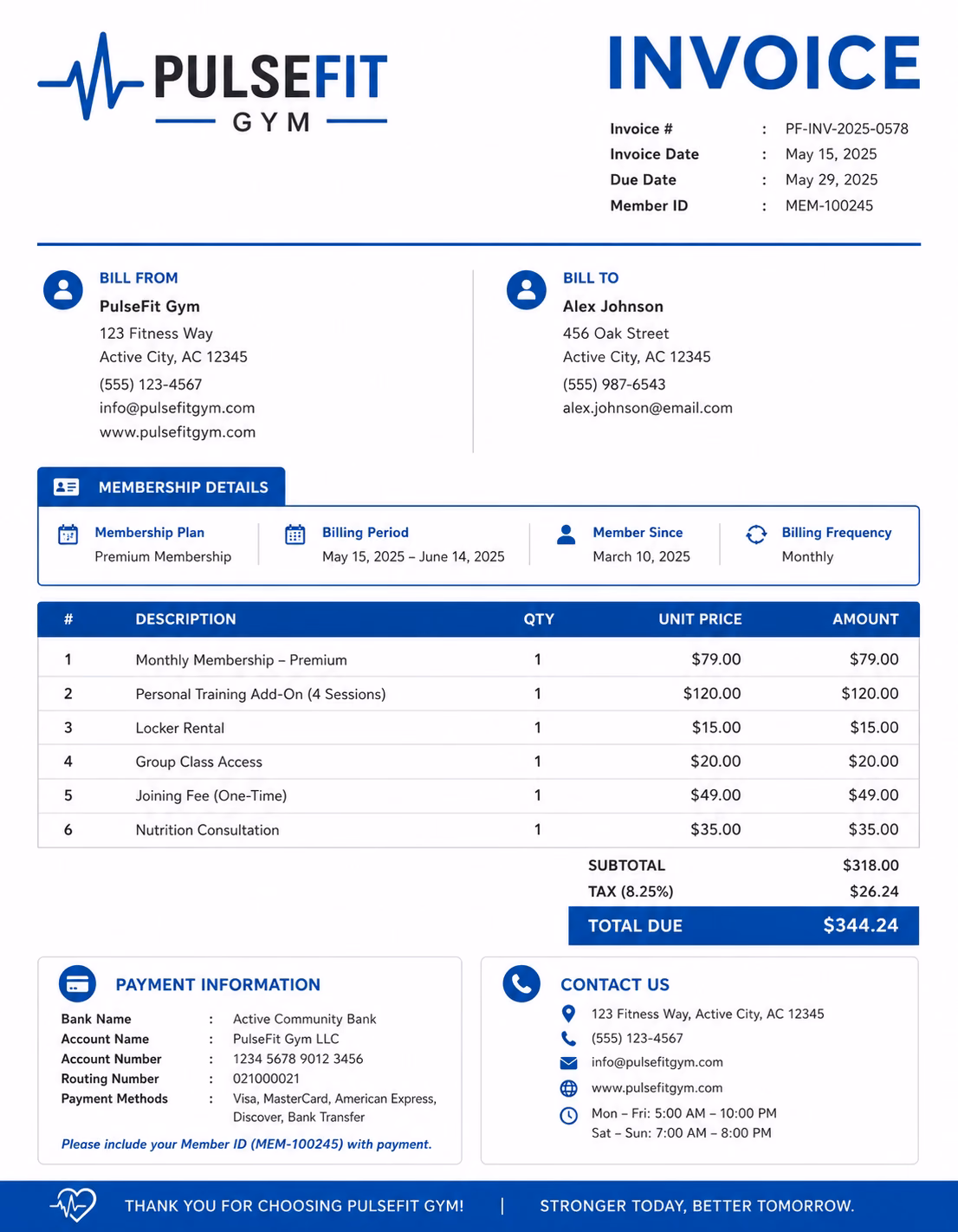 Free Gym Invoice Template Gym invoice template showing gym membership fees, training services, subscription charges, and payment information