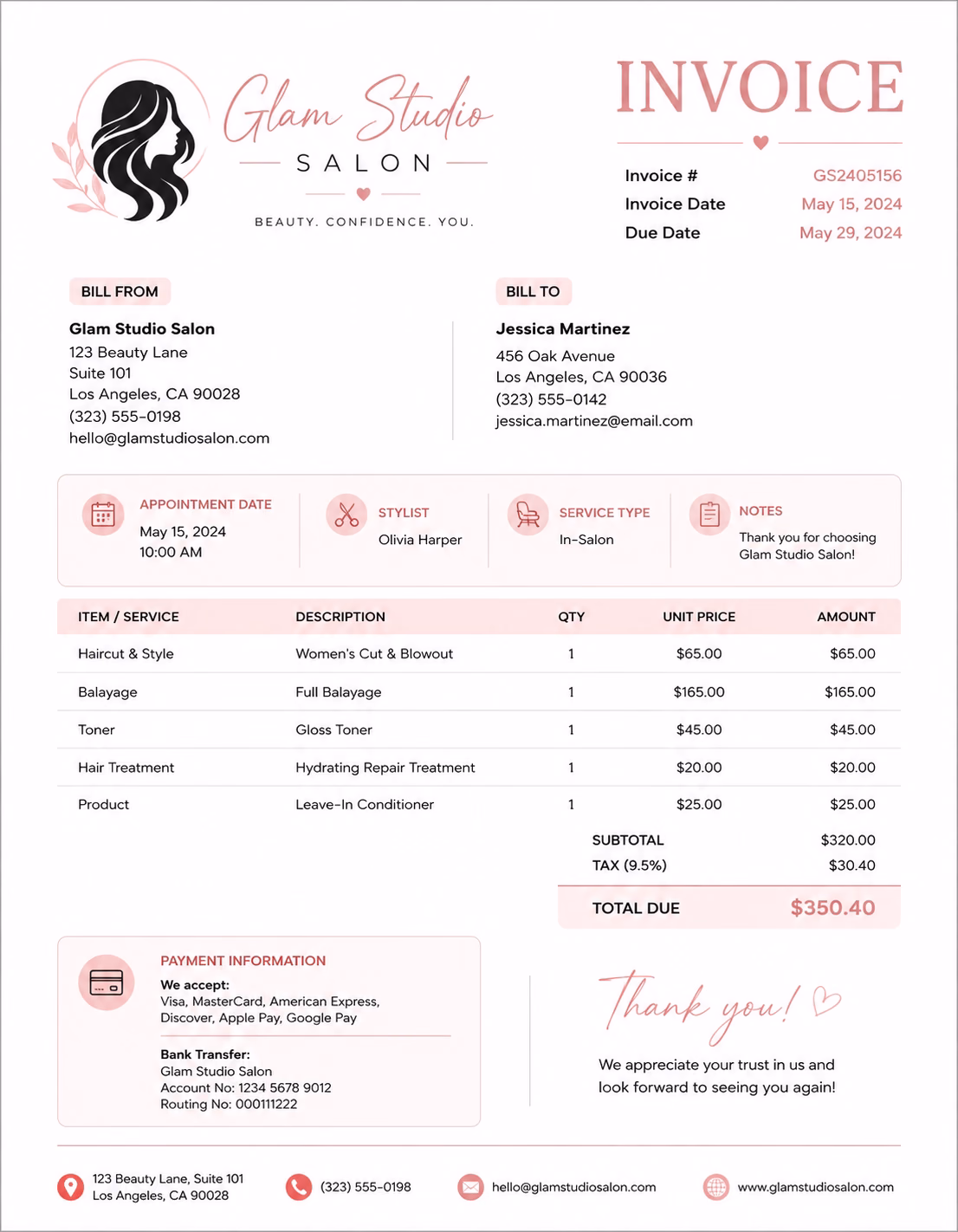 Free Hair Salon Invoice Template Hair salon invoice template showing salon services, treatment details, service charges, and payment information