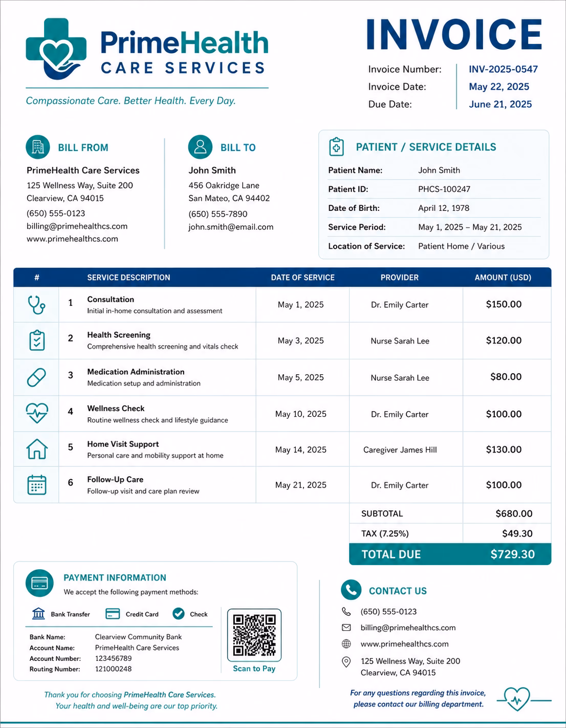 Free Health Care Invoice Template Health care invoice template showing healthcare services, treatment details, medical charges, and payment information