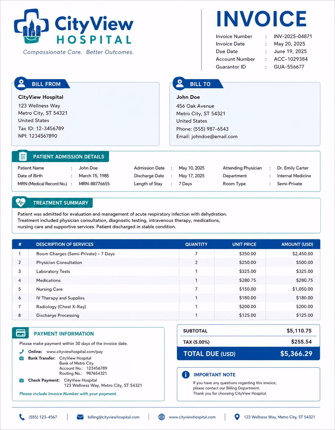 Free Hospital Invoice Template Hospital invoice template showing medical services, treatment details, healthcare charges, and payment information