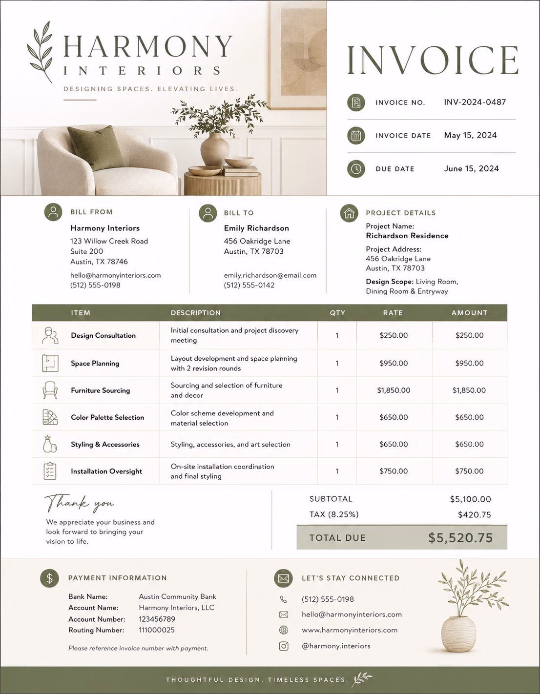 Free Interior Designer Invoice Template Interior designer invoice template showing design services, project details, materials, consultation fees, and payment information
