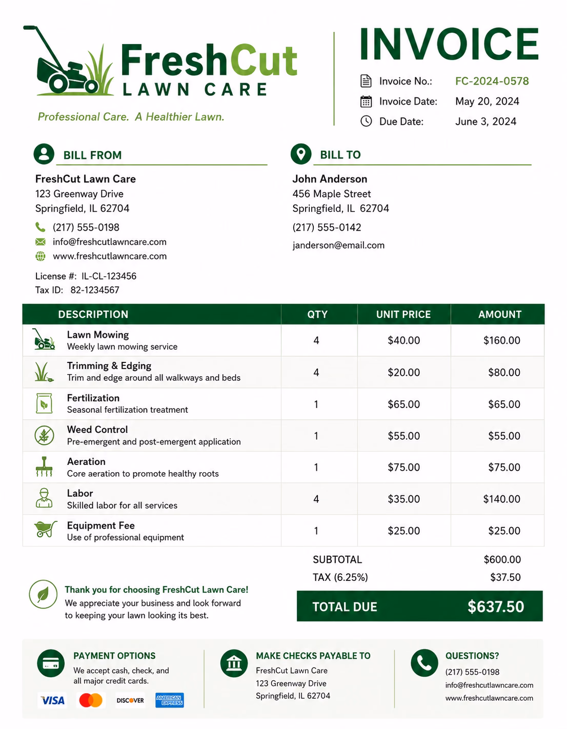 Free Lawn Care Invoice Template Lawn care invoice template showing mowing, edging, trimming, fertilizing, yard cleanup, labor, materials, taxes, and payment details