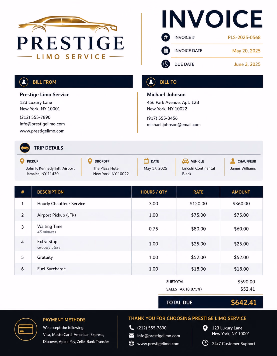 Free Limo Service Invoice Template Limo service invoice template showing limousine rental, chauffeur fees, airport transfers, hourly rates, wait time, trip charges, deposits, and payment details