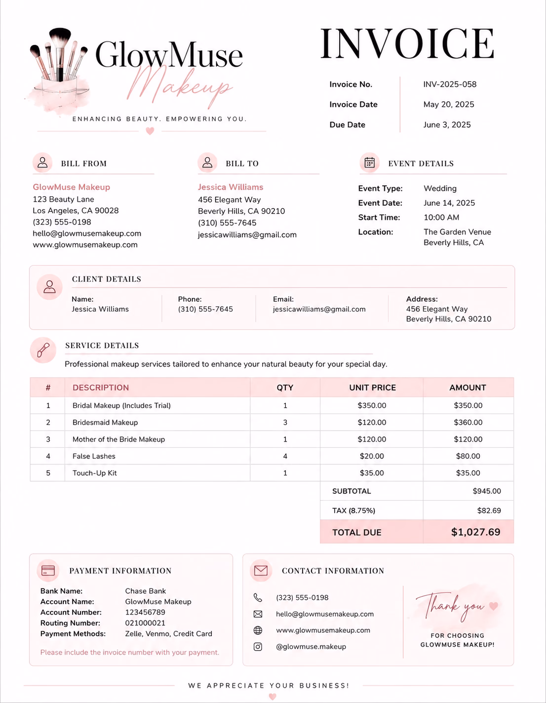 Free Makeup Artist Invoice Template Makeup artist invoice template showing makeup services, appointment details, service charges, and payment information