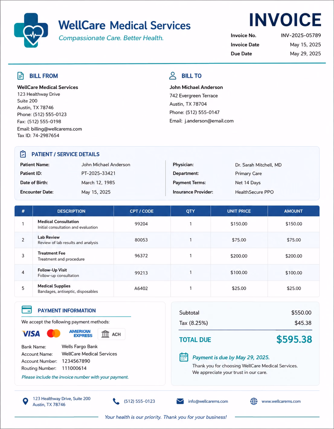 Free Medical Invoice Template Medical invoice template showing medical services, treatment details, consultation fees, and payment information