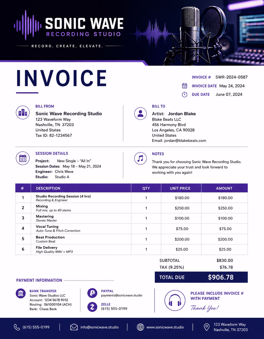 Free Music Studio Invoice Template Music studio invoice template showing recording services, studio time, production charges, and payment information