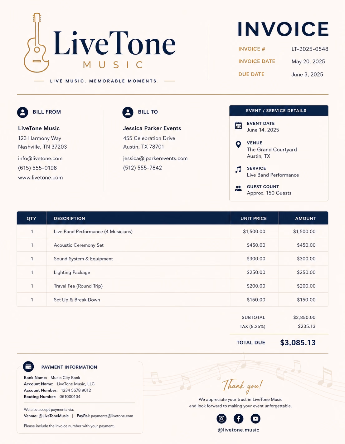Free Musician Invoice Template Musician invoice template showing music performance services, event details, session fees, and payment information