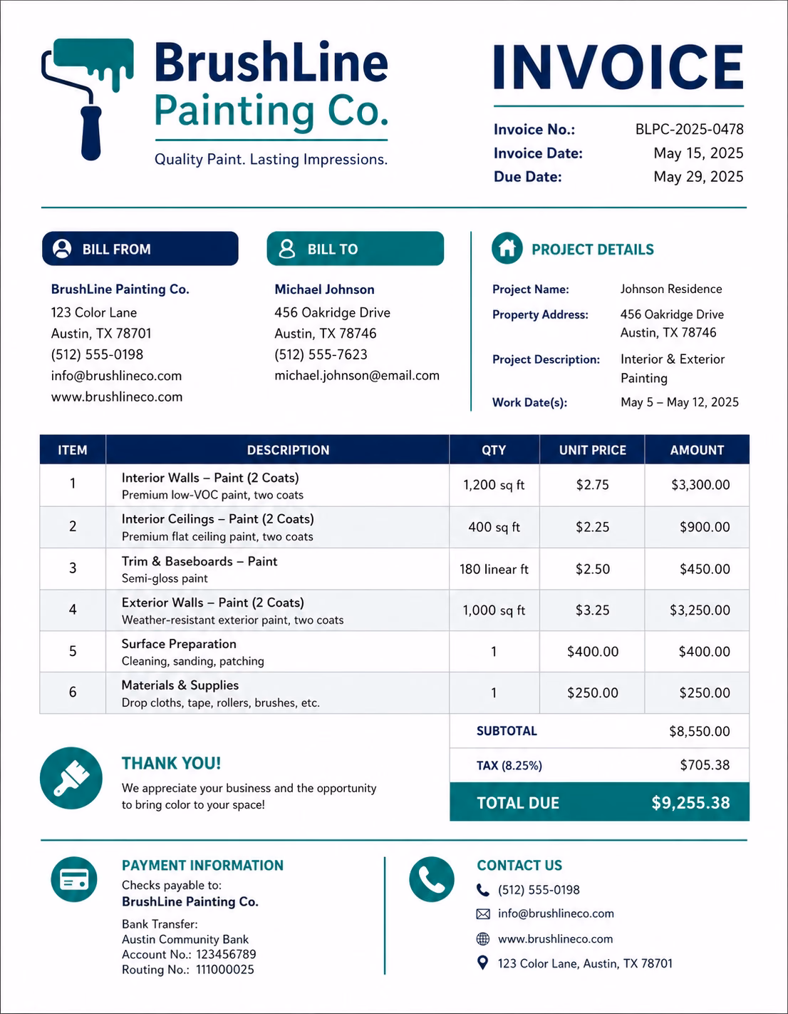 Free Painting Invoice Template Painting invoice template showing interior painting, exterior painting, labor, paint supplies, prep work, taxes, deposits, and payment details