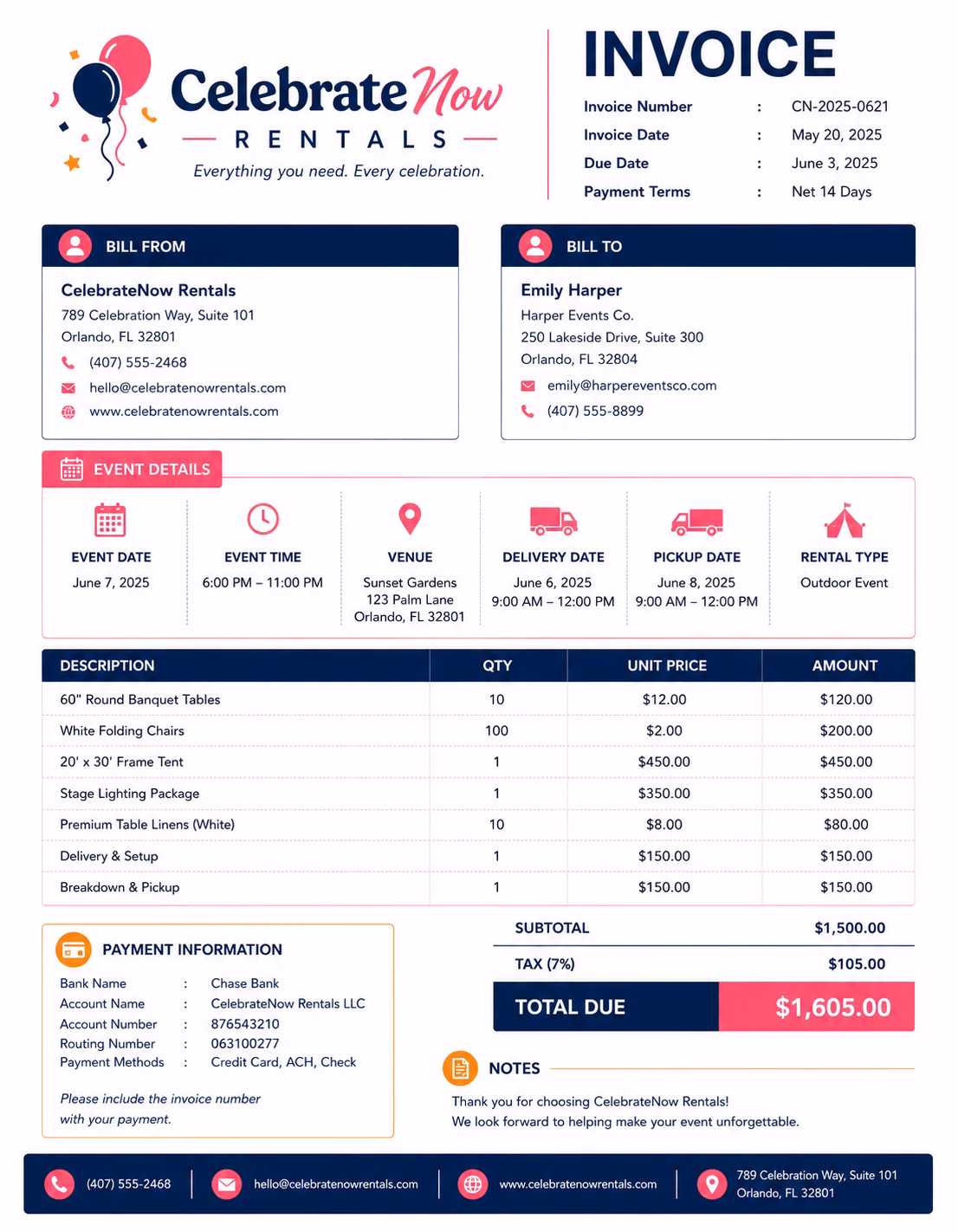 Party Rental Invoice Template Party Rental Invoice Template