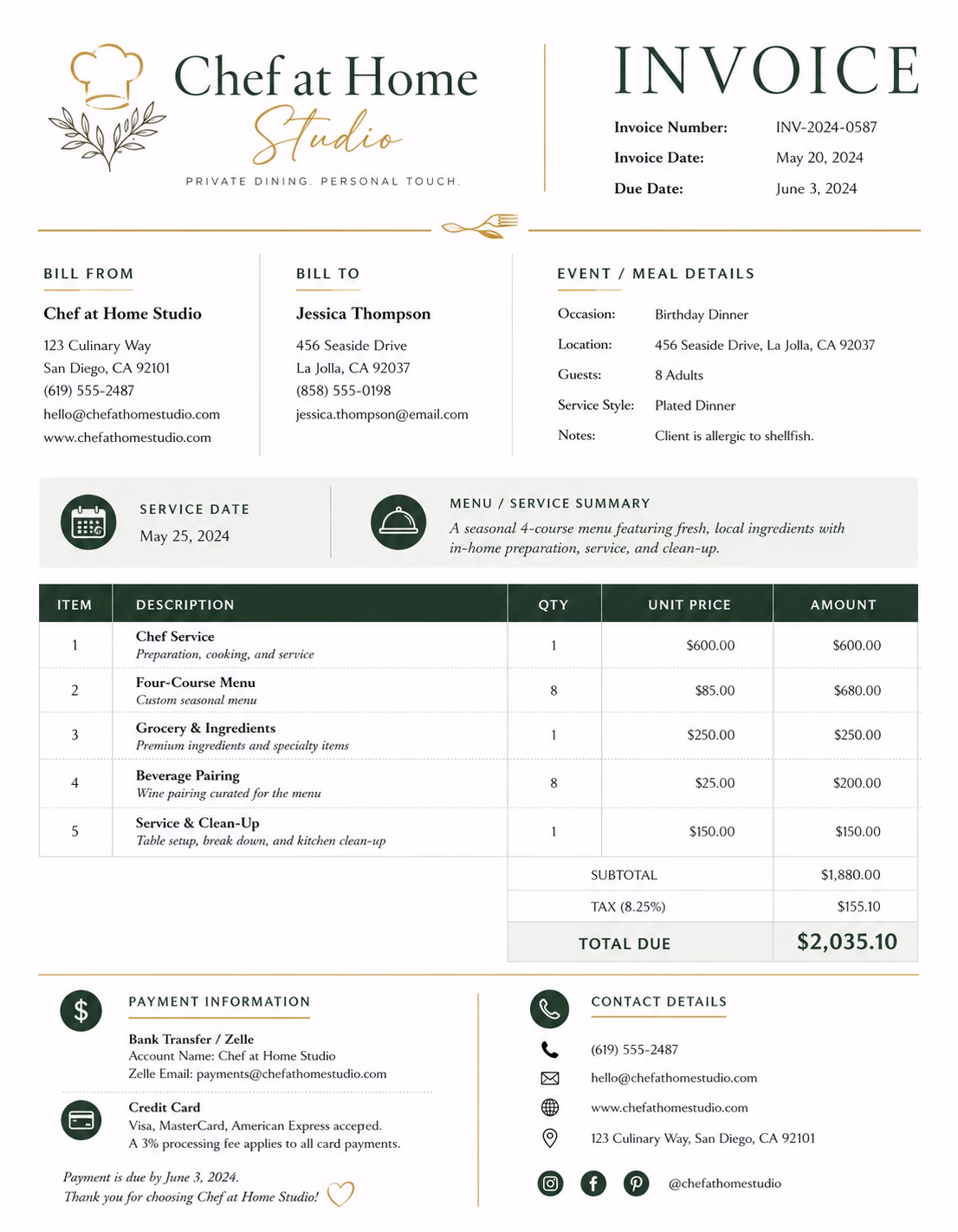 Free Personal Chef Invoice Template Personal chef invoice template showing meal preparation services, menu details, service charges, and payment information