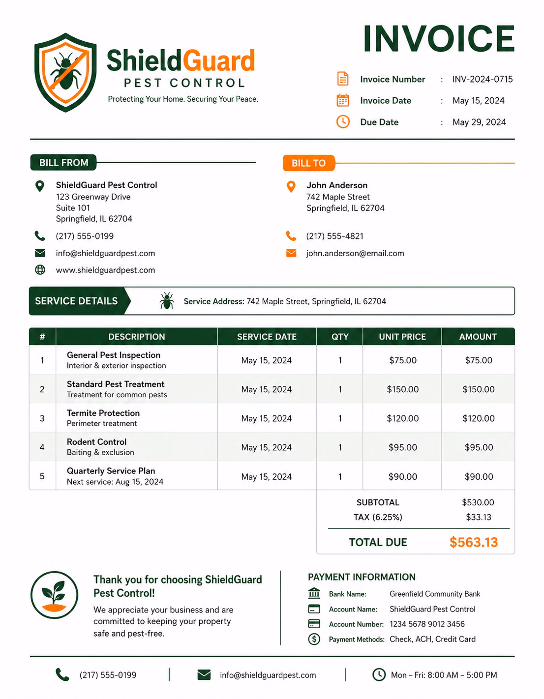 Free Pest Control Invoice Template Pest control invoice template showing inspections, treatments, chemicals, labor, follow-up visits, taxes, deposits, and payment details