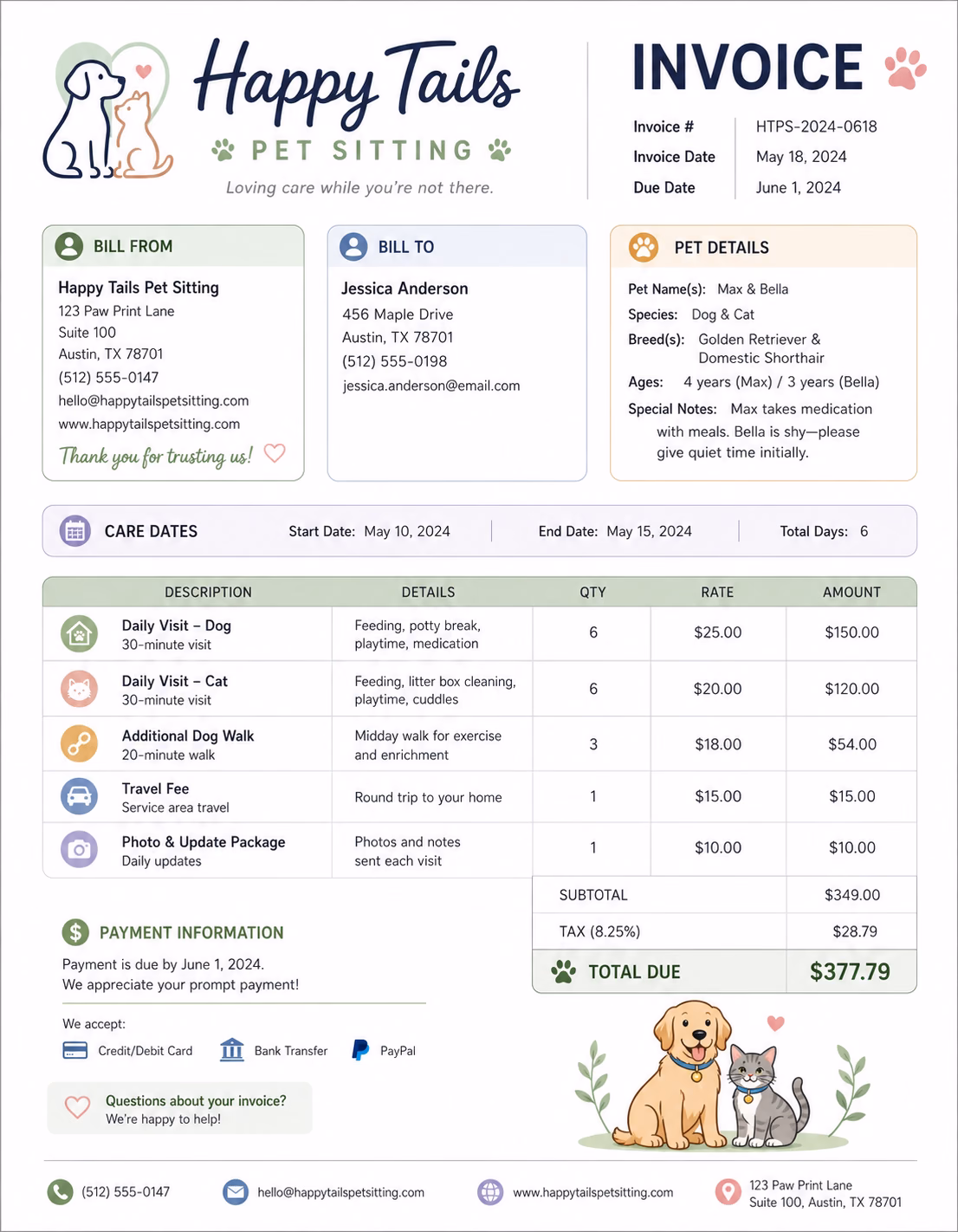 Free Pet-Sitting Invoice Template Pet-sitting invoice template showing pet care services, visit details, service charges, and payment information