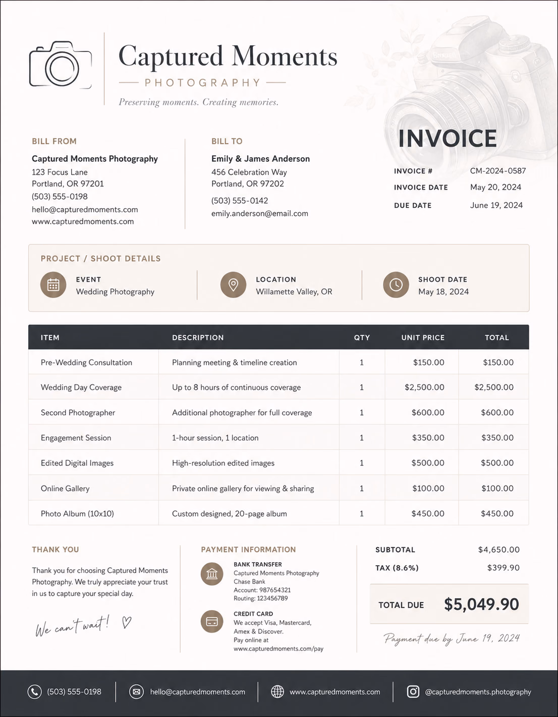 Free Photography Invoice Template Photography invoice template showing photography services, session details, editing charges, and payment information