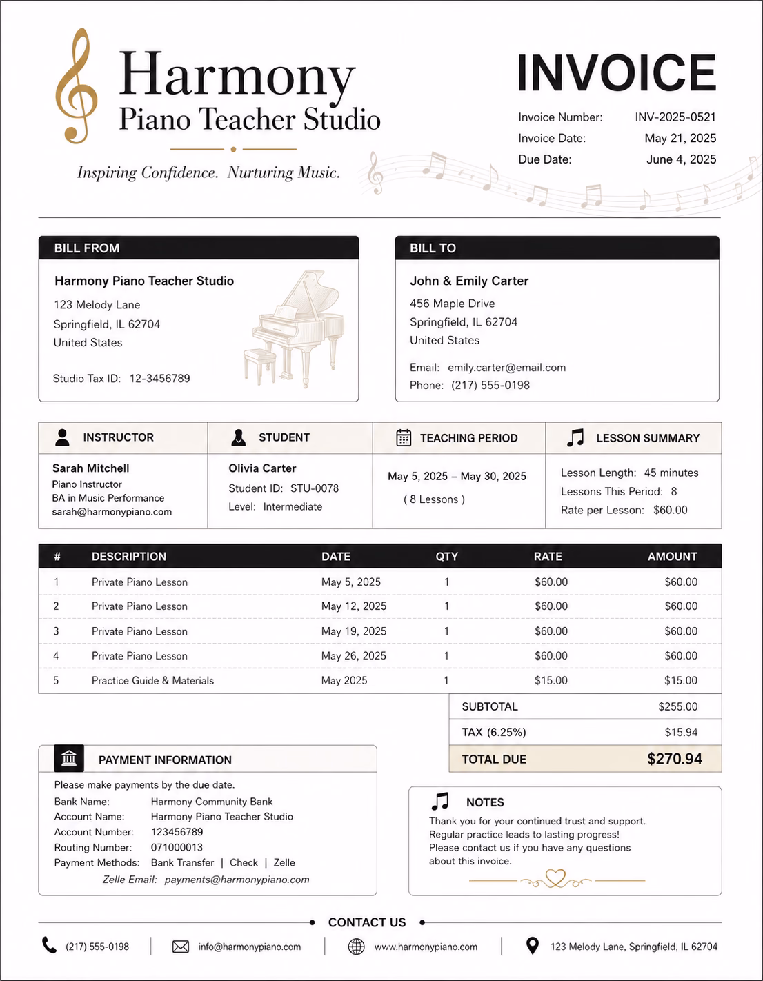 Free Piano Teacher Invoice Template Piano teacher invoice template showing piano lessons, session details, teaching fees, and payment information